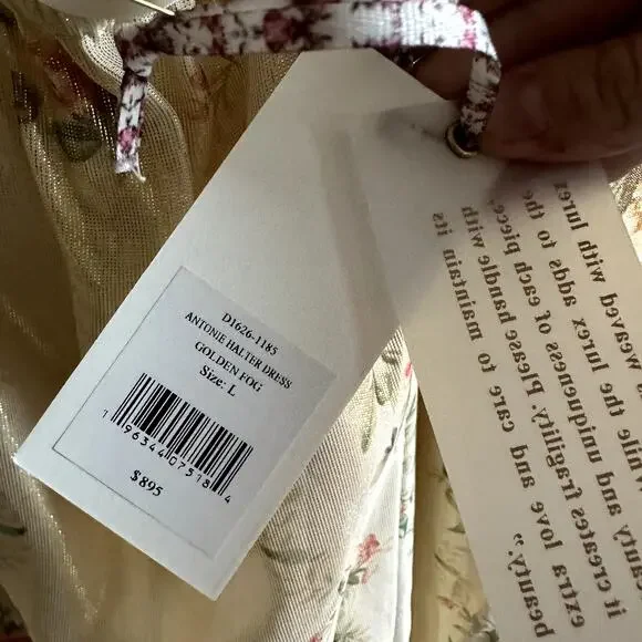 LoveShackFancy Antonie Halter Floral Metallic Maxi Dress Gown Golden Fog New - Picture 7 of 7